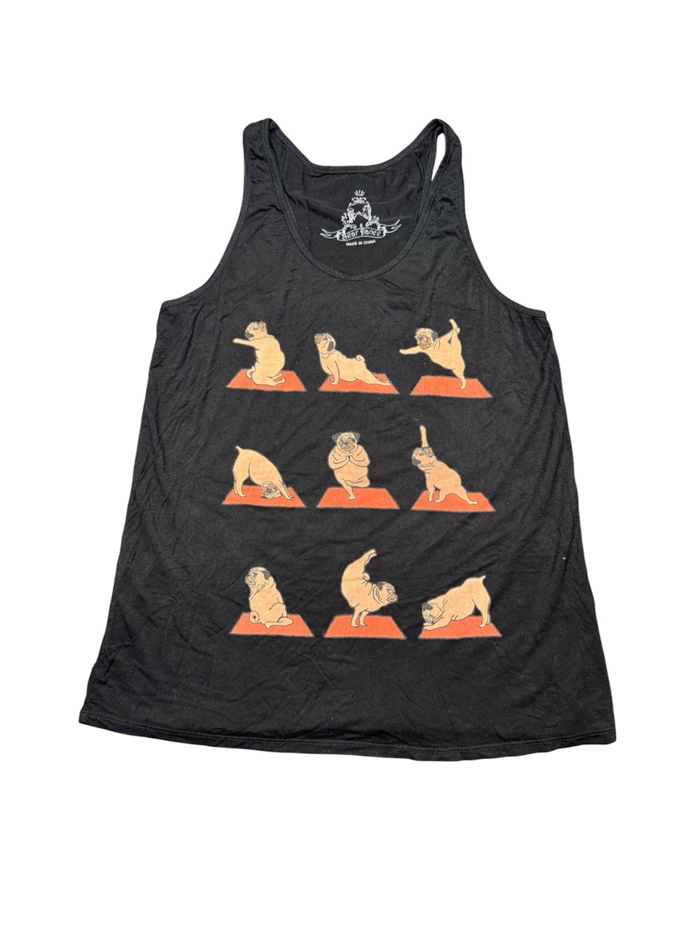 Bear Dance Black Tank Top with Orange Yoga Pug Motif